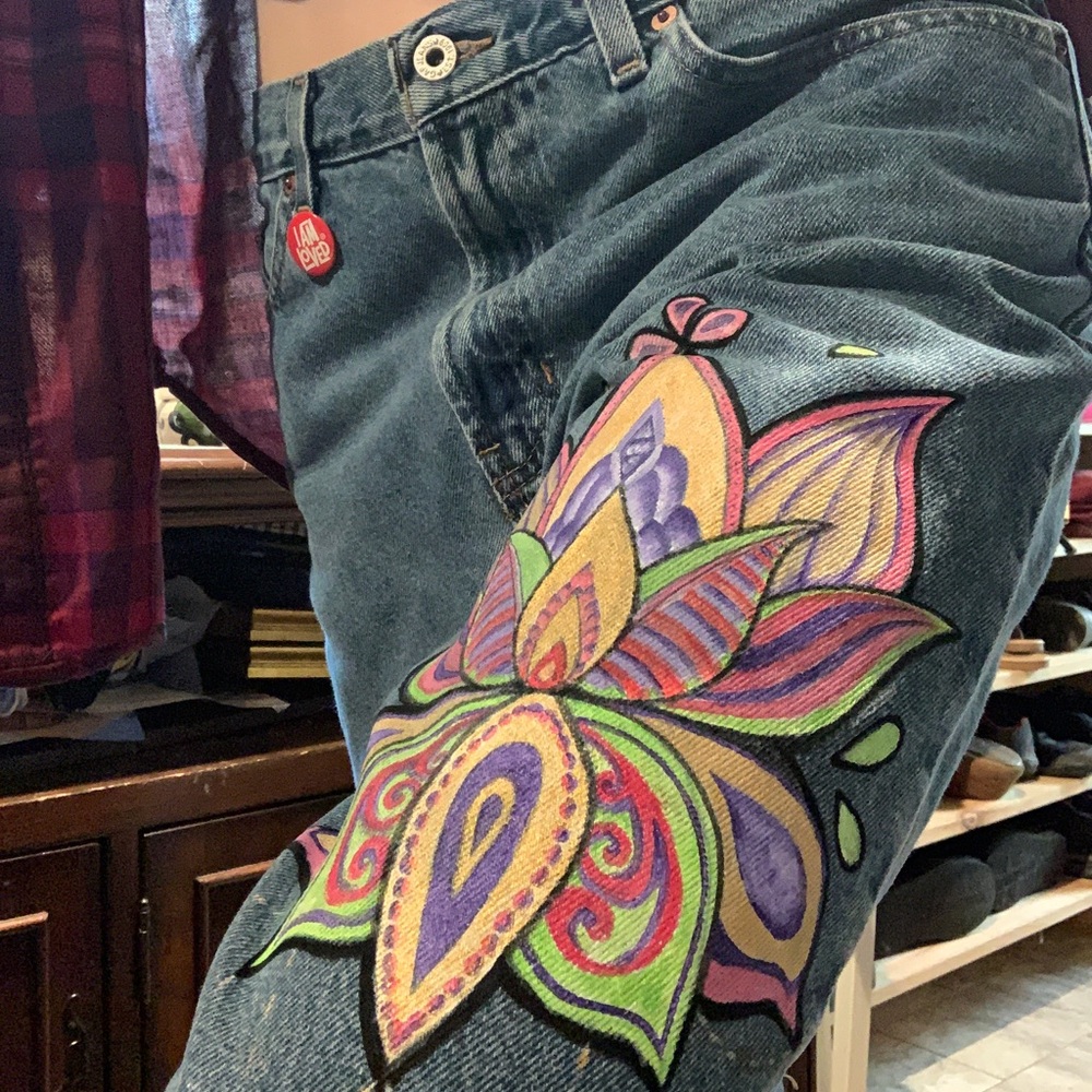 100% Denim Gap Jeans Painted Jeans Lotus Flower Sacred Geometry Merkaba